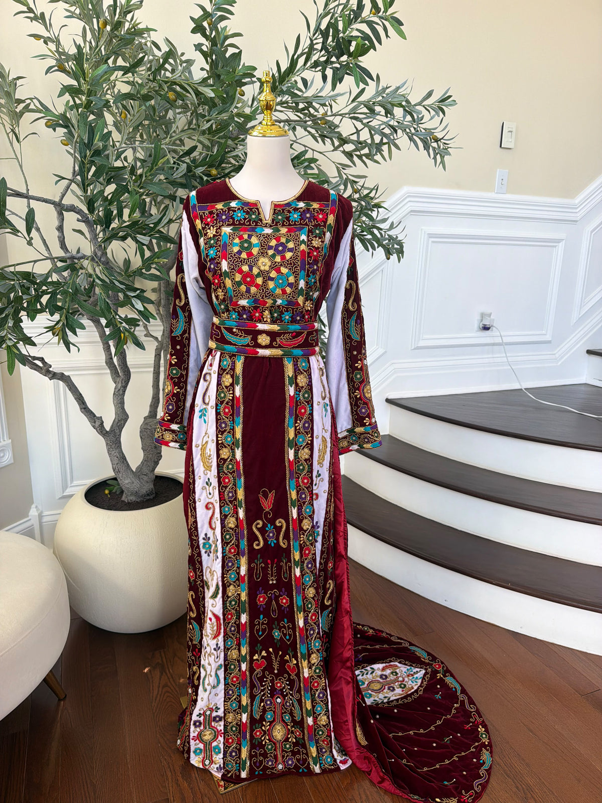 Elegant Burgundy Velvet Thobe with Colorful Embroidery and Matching Skirt included (scarf not included)