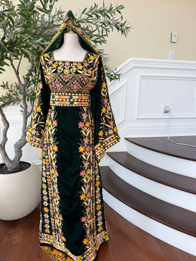 Velvet Green Embroidery Stone Beaded Thobe