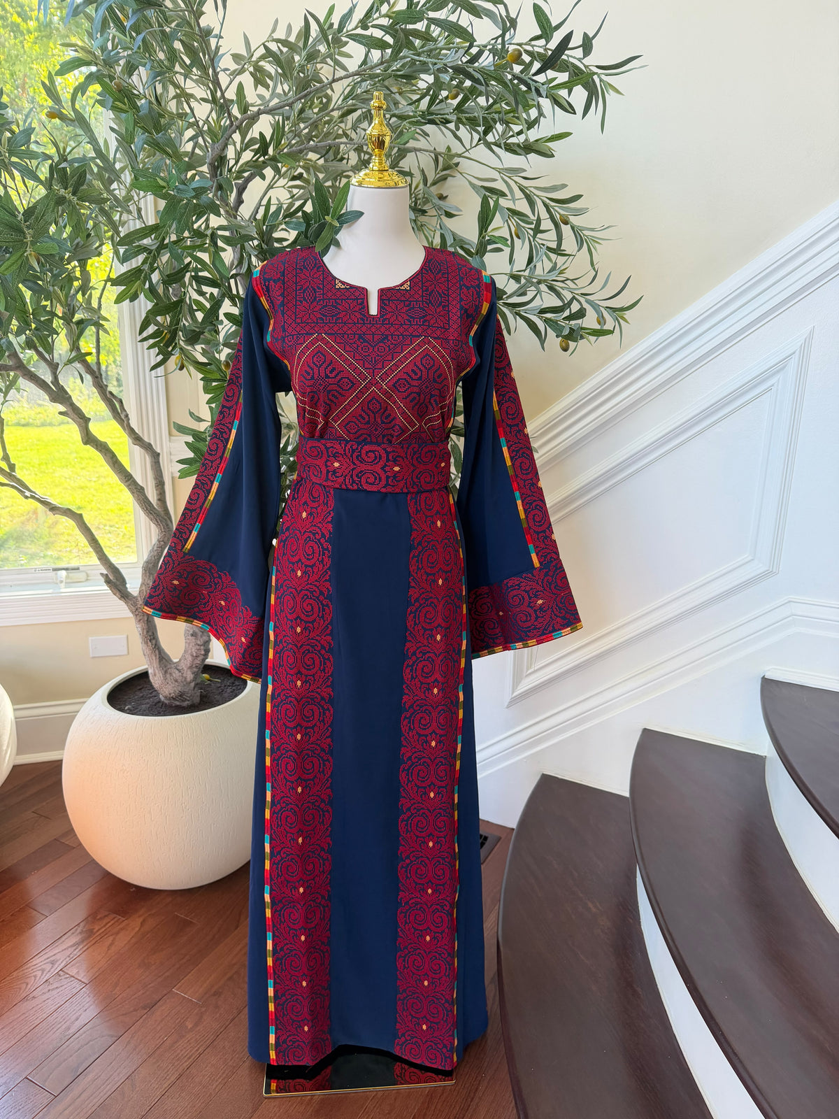 Elegant Navy & Red Embroidered Palestinian Thobe Dress