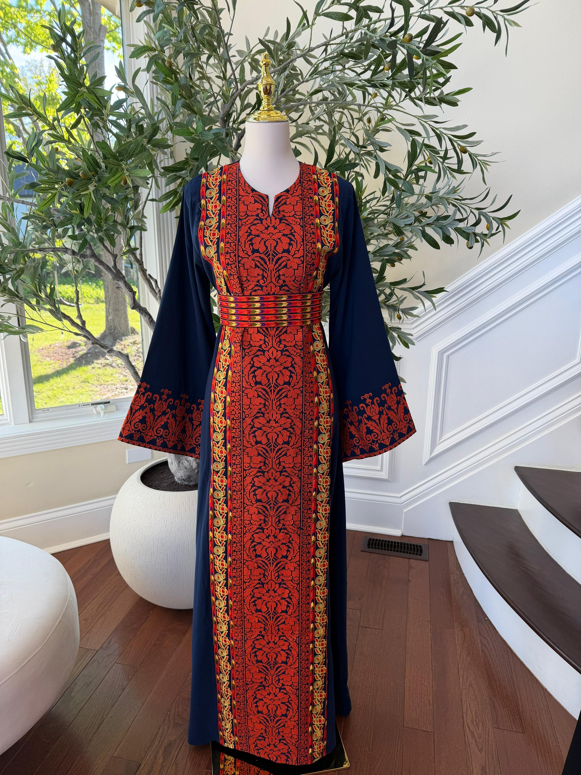 Blue Embroidery Red Tatreez Thobe