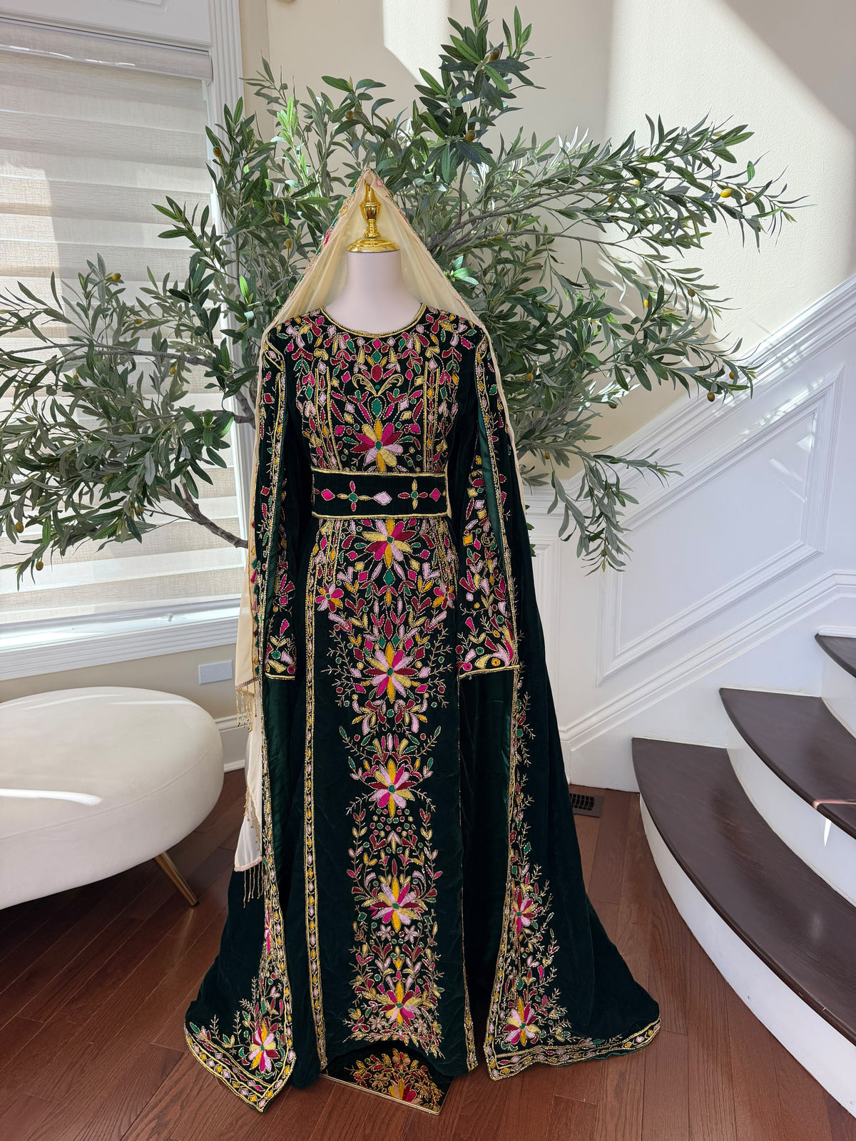 Elegant Black Palestinian Thobe with Colorful Floral Embroidery and Detachable Shoulder Cape (scarf not included)