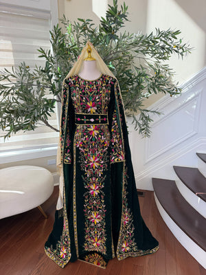 Elegant Black Palestinian Thobe with Colorful Floral Embroidery and Detachable Shoulder Cape (scarf not included)