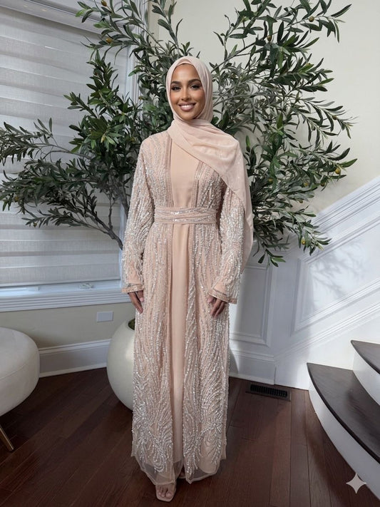 Peach Silver Sequin Beaded Abaya