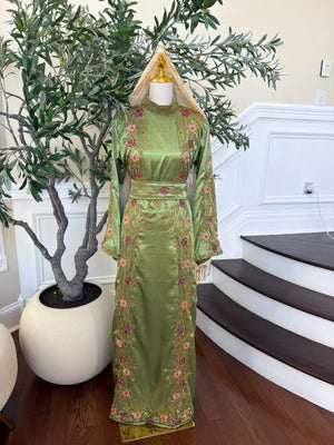 Elegant Sage Green Satin Thobe with Pink Floral Embroidery, Gold Detailing, and Matching Belt( scarf not included)