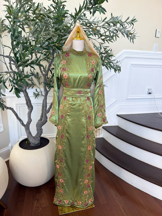 Elegant Sage Green Satin Thobe with Pink Floral Embroidery, Gold Detailing, and Matching Belt( scarf not included)