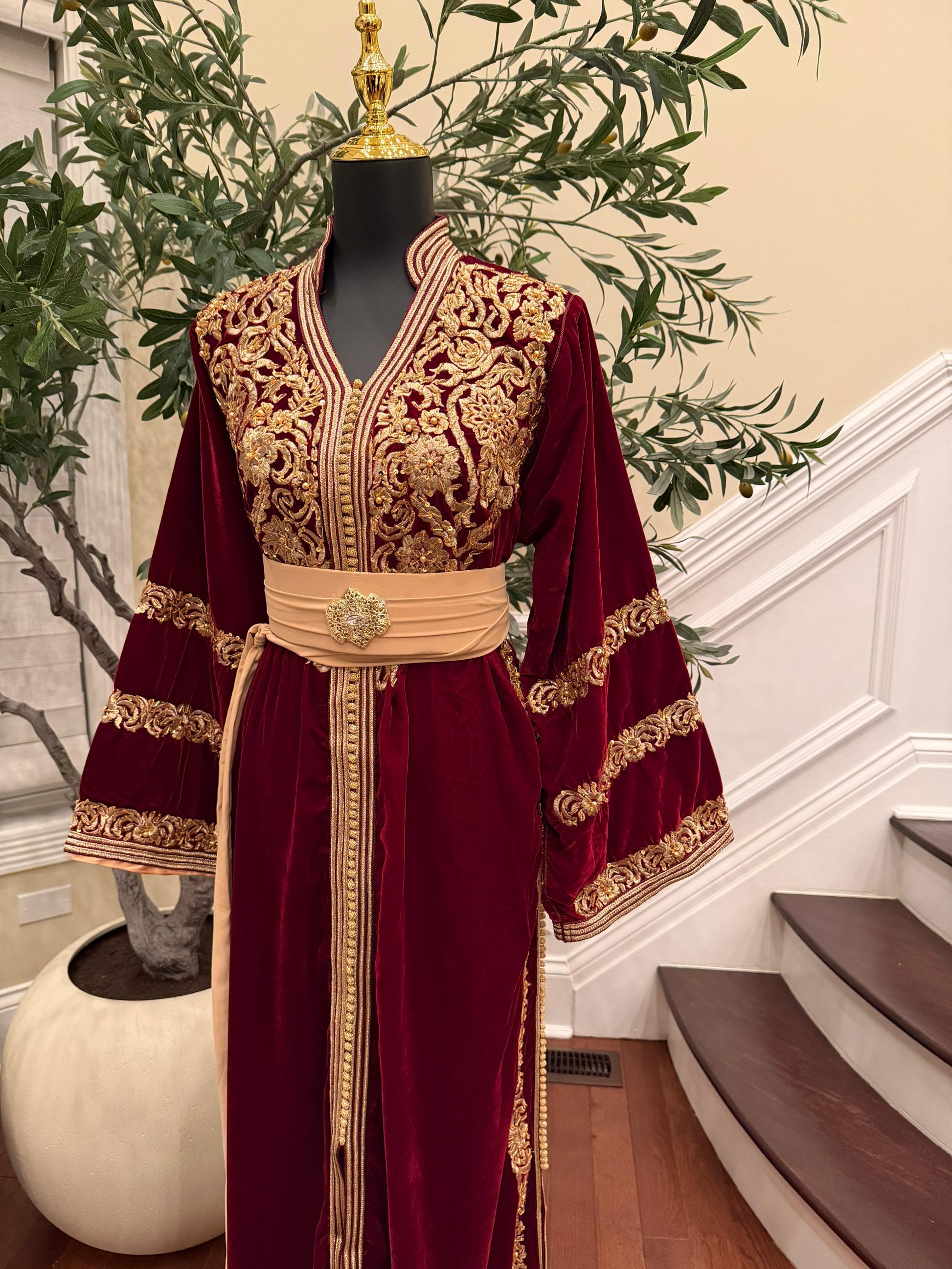 Red Majestic Velvet Kuftan with Golden Embellishment