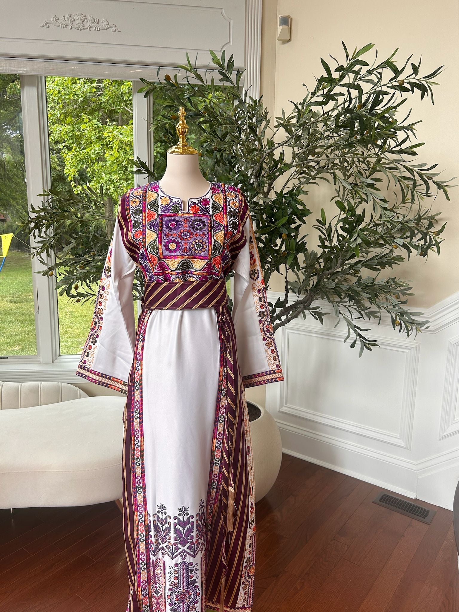 Traditional White Tatreez Thobe with Embroidery Purple Detailing