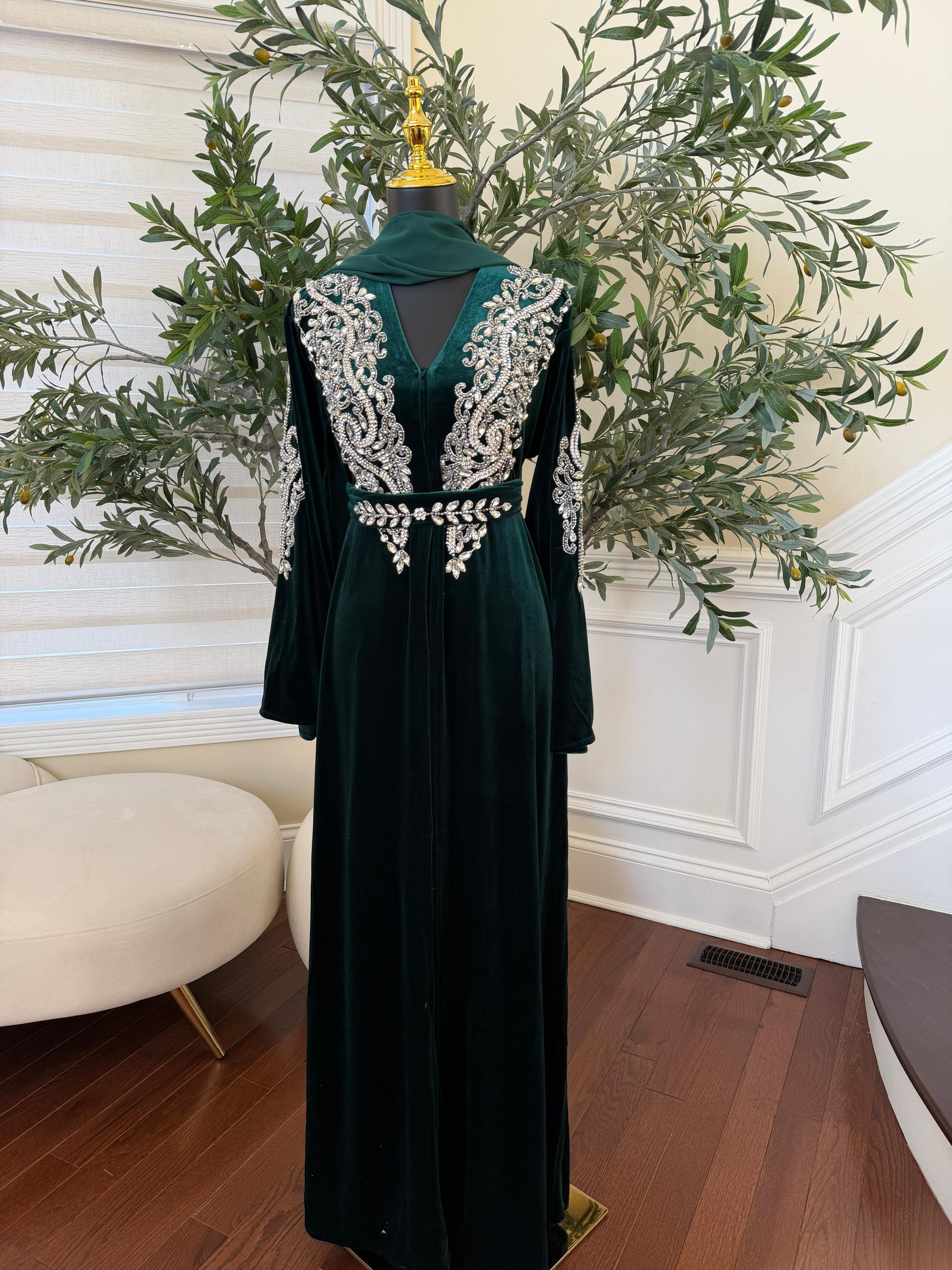 Green Velvet Stone Charm Abaya
