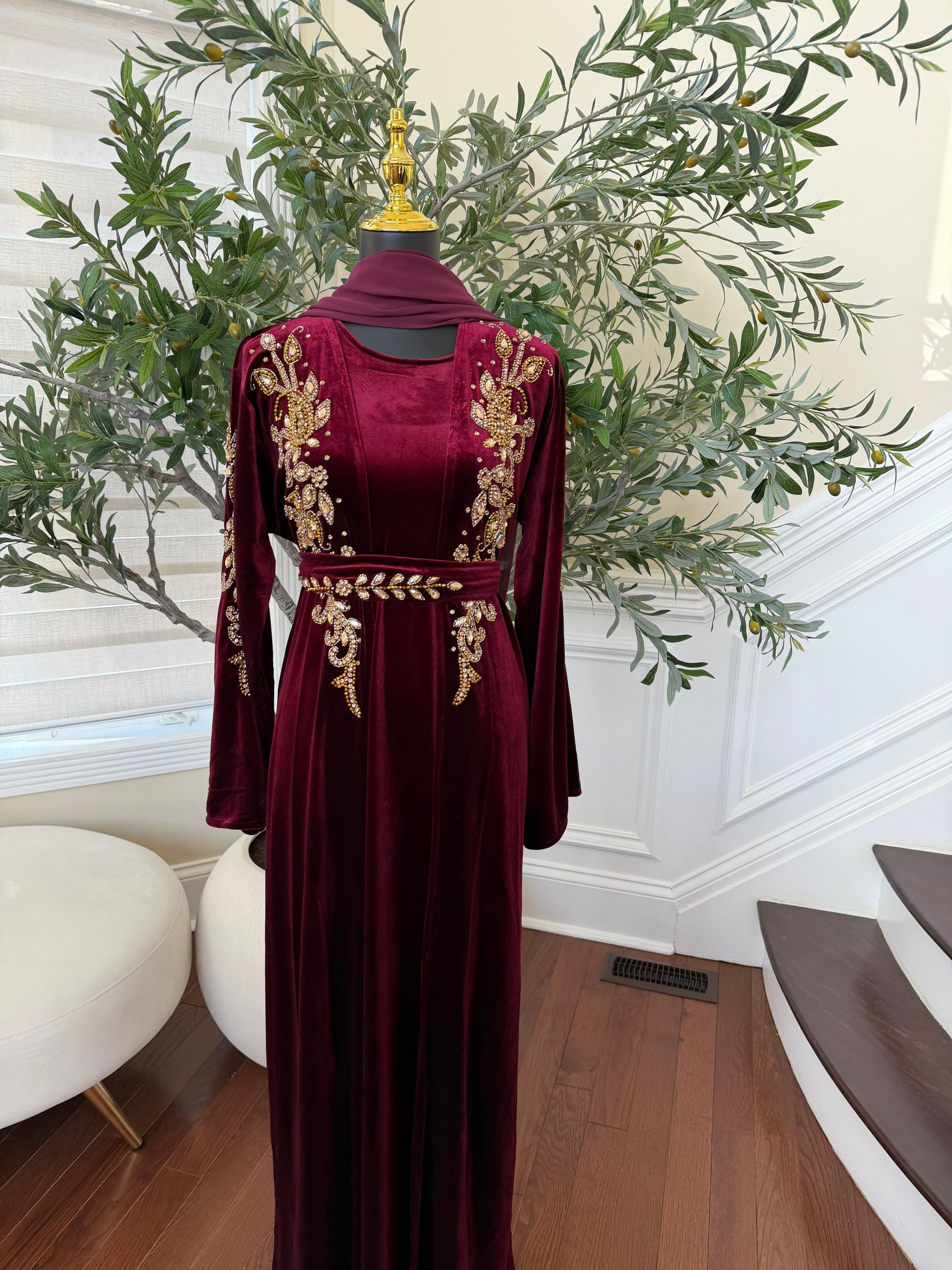 Velvet Red Crystal Beaded Two Peice Abaya