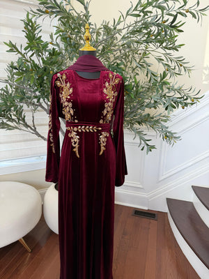 Velvet Red Crystal Beaded Two Peice Abaya