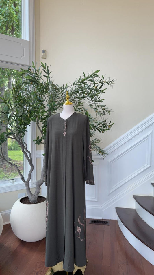 Olive Blush Embroidered Abaya – Soft Grace