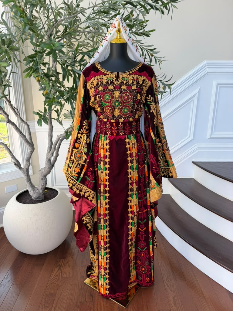 Burgundy Velvet Embroidery Tatreez Thobe