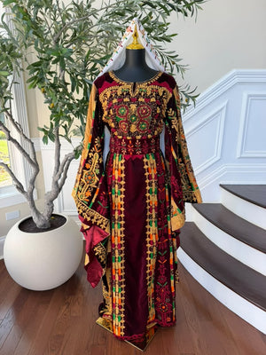 Burgundy Velvet Embroidery Tatreez Thobe