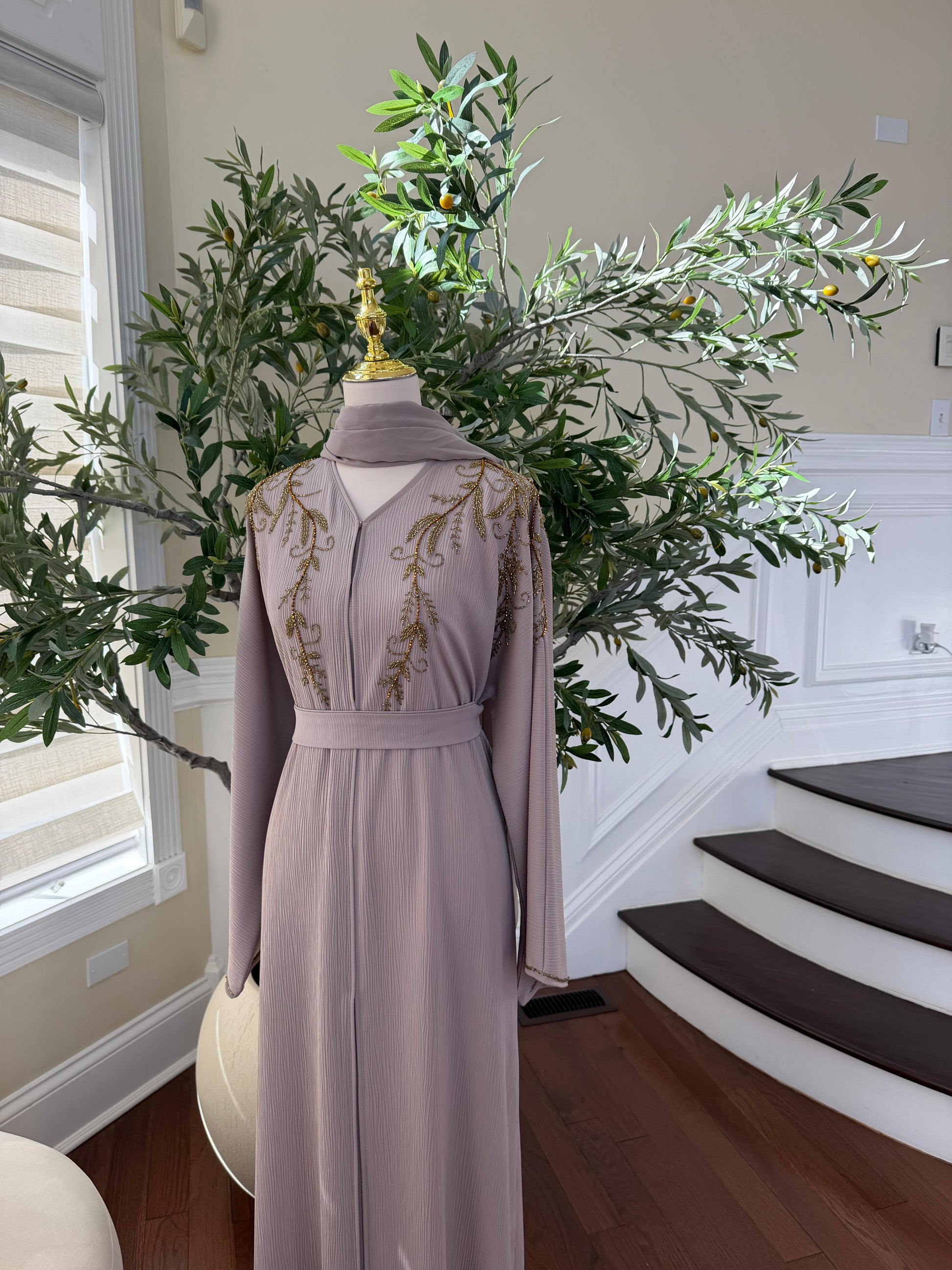Cream Golden Floral Abaya