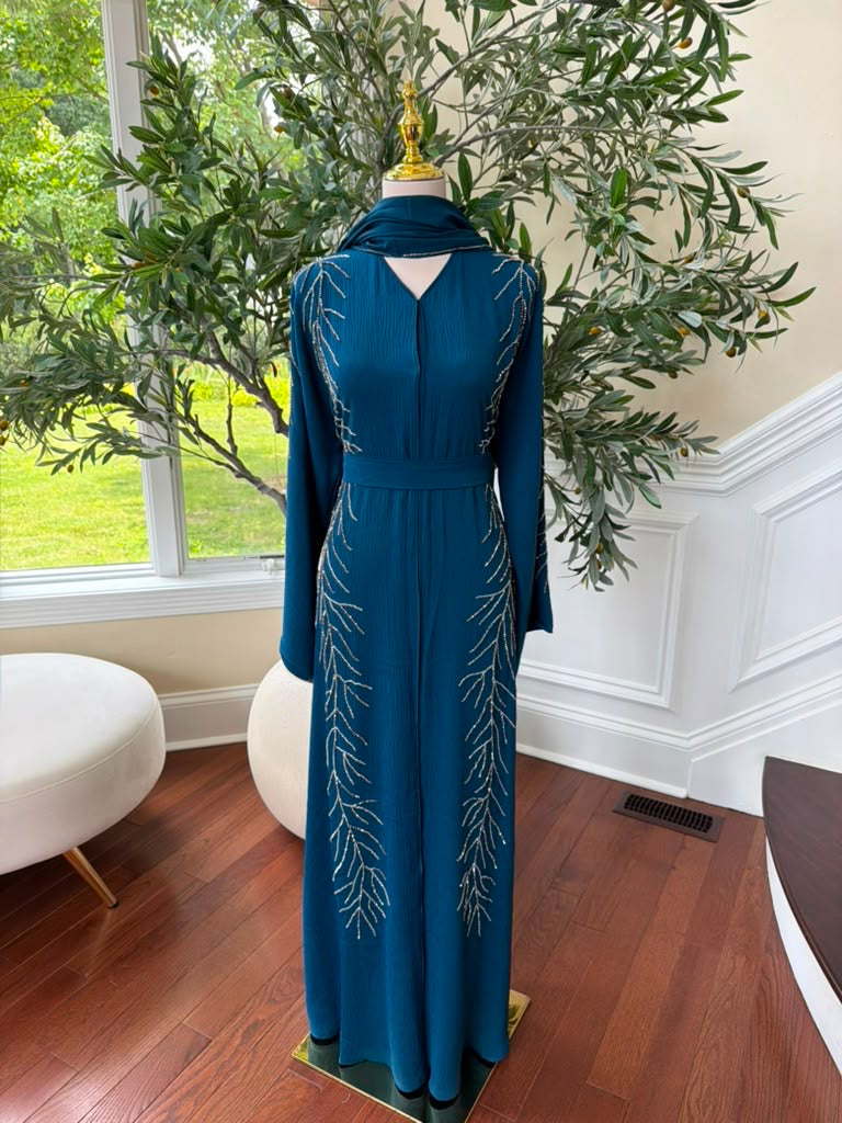 Sky Blue Beaded Elegance Abaya