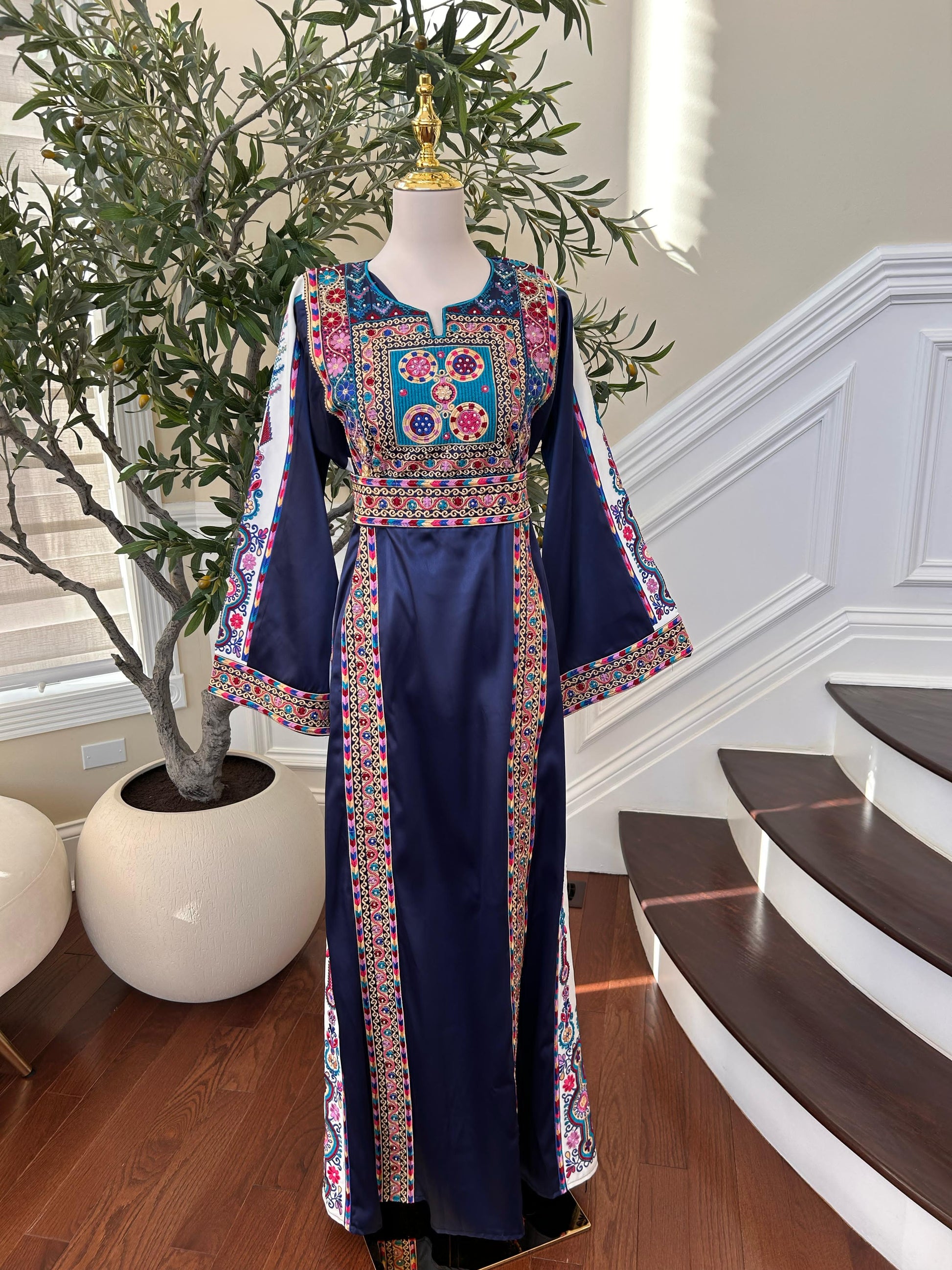 Navy Blue Satin Embroidered Tatreez Thobe