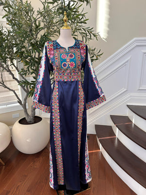 Navy Blue Satin Embroidered Tatreez Thobe