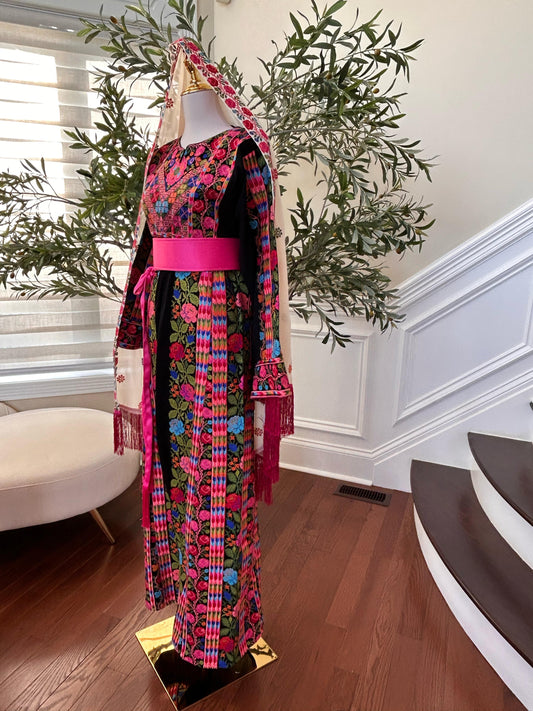Black Floral Embroidered Tatreez Pink Thobe