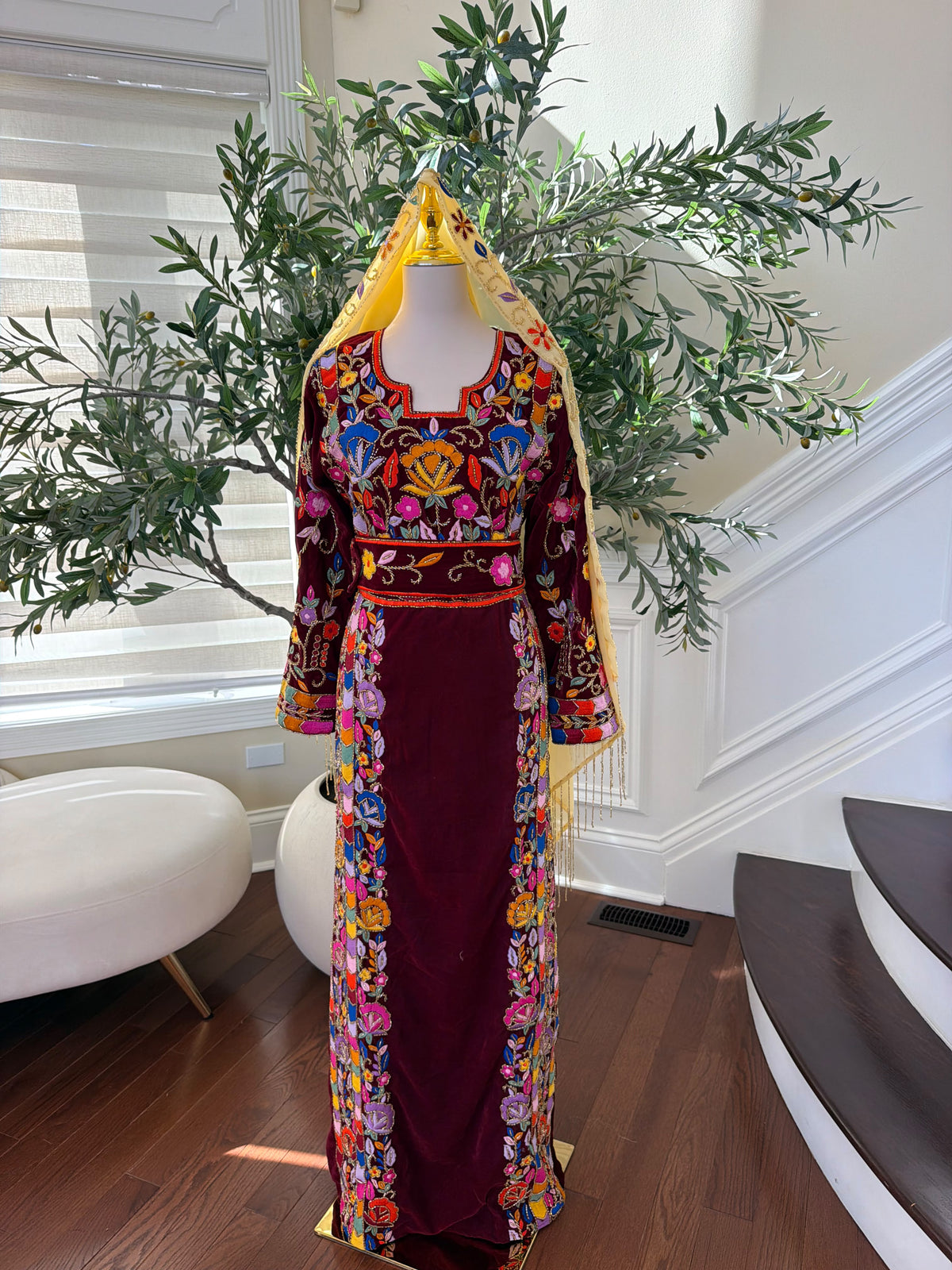 Elegant Burgundy Velvet Palestinian Thobe with Colorful Floral Embroidery – Scarf Not Included