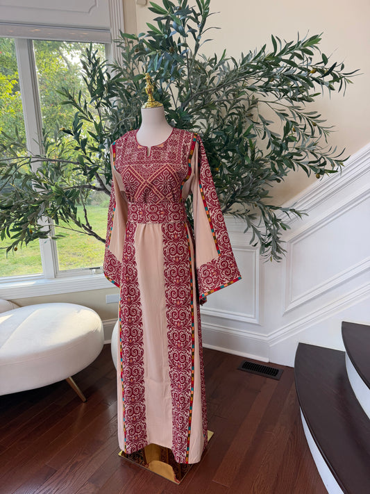 Elegant Blush Pink & Burgundy Embroidered Palestinian Thobe Dress