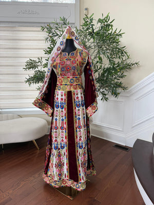 Velvet Maroon and White Traditional Tatreez Sabal Kharaz Detail Thobe