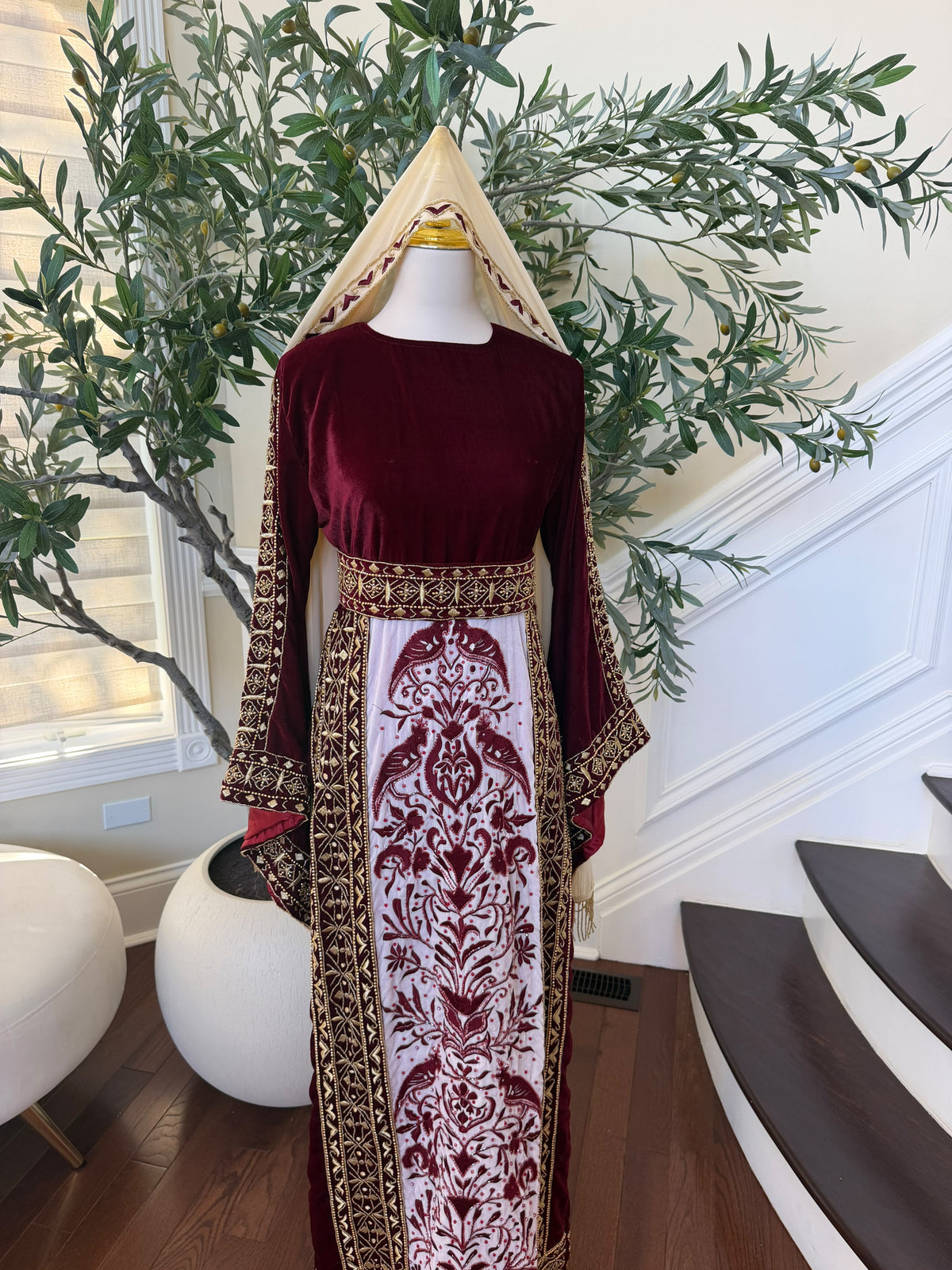 Elegant Burgundy Velvet Palestinian Thobe with Gold Embroidery