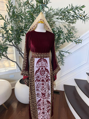 Elegant Burgundy Velvet Palestinian Thobe with Gold Embroidery