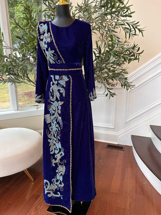 Blue Velvet Stone Charm Kuftan Dress