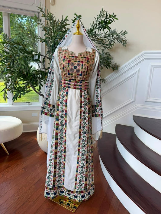 White Beaded Embroidery Thobe