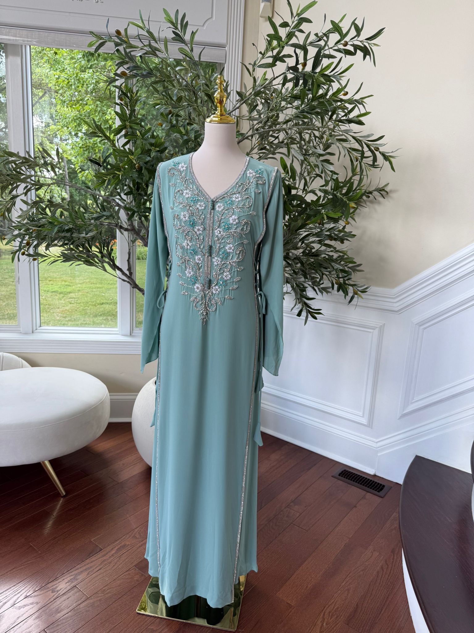 Delicate Light Teal Kaftan with Silver Beading