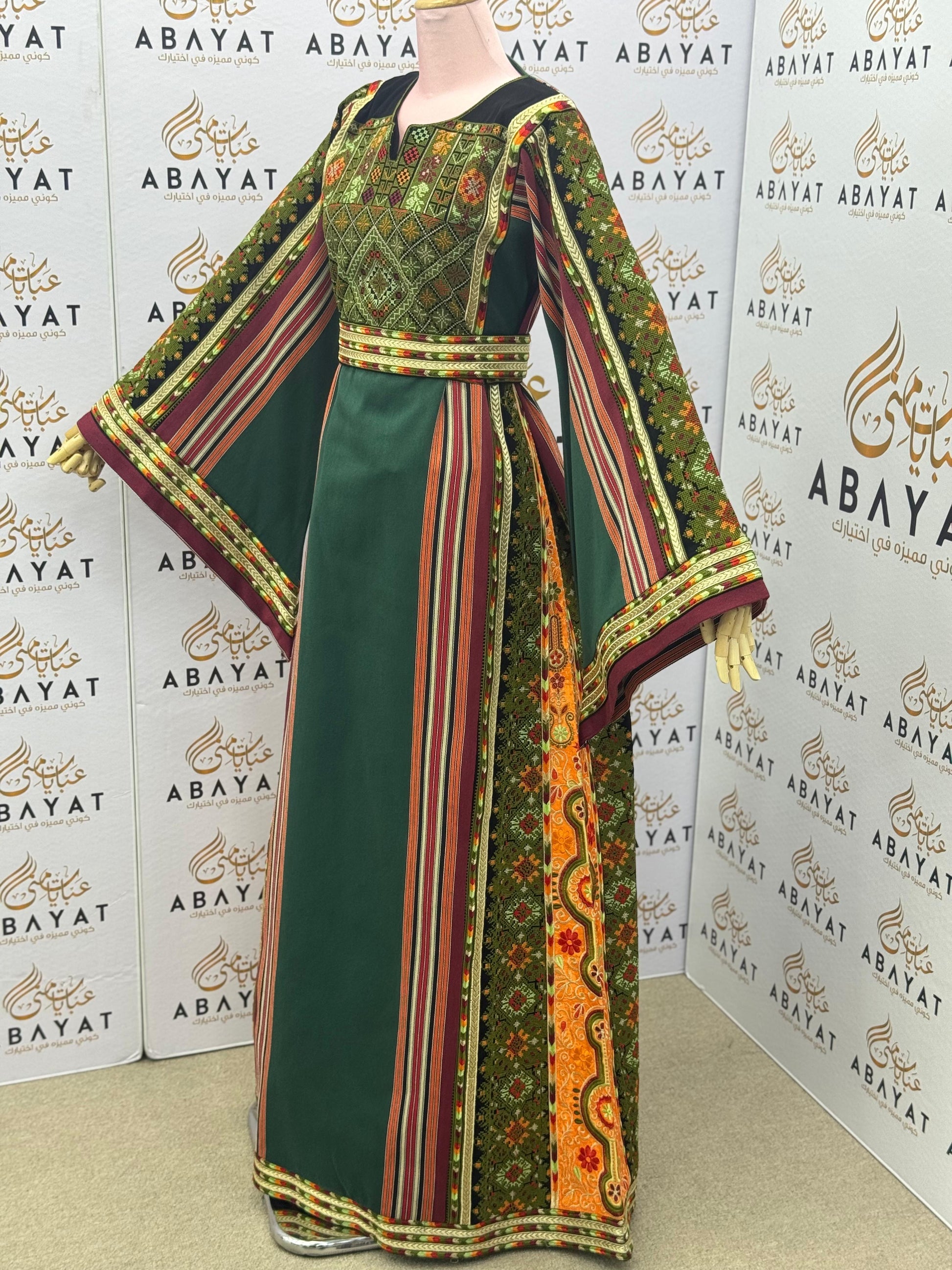 Palestinian Thobe – Green on black with Multicolor Embroidery & Stripes A09092025