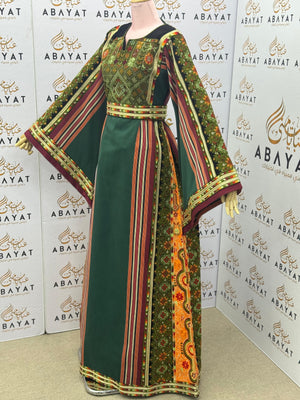Palestinian Thobe – Green on black with Multicolor Embroidery & Stripes A09092025