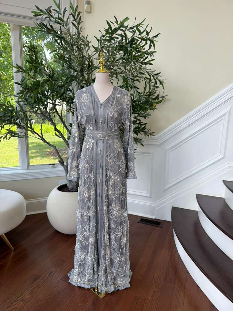 Grey Two Piece Beaded Kuftan