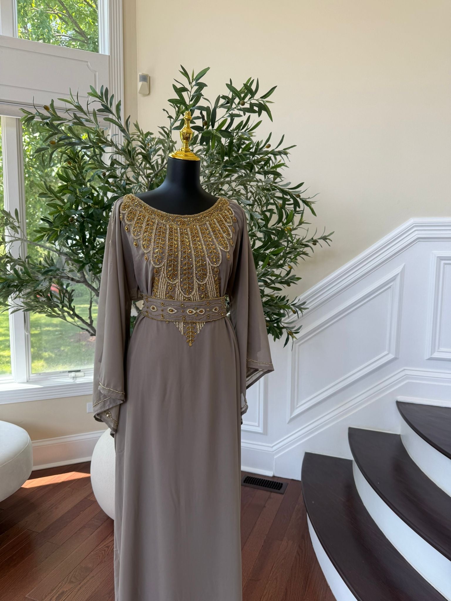 Taupe Elegant Beaded Kuftan Maxi Dress