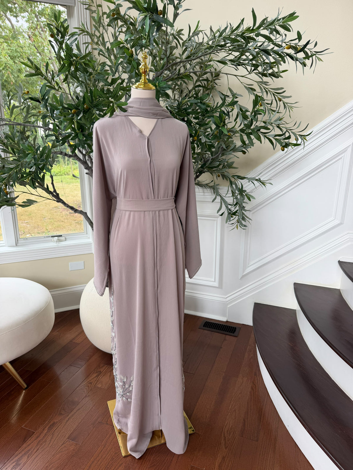Tan Beaded Elegance Floral Abaya