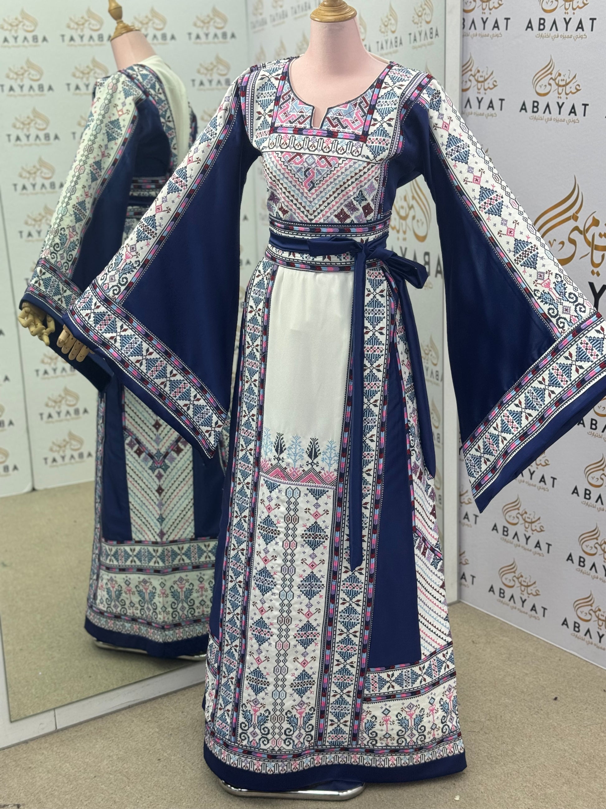 Navy & Ivory Palestinian Thobe – Mixed Fabric with Traditional Tatreez