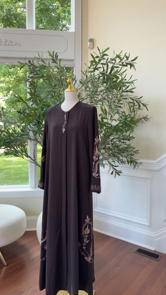 Espresso Brown Embroidered Abaya – Rose Vine Detail