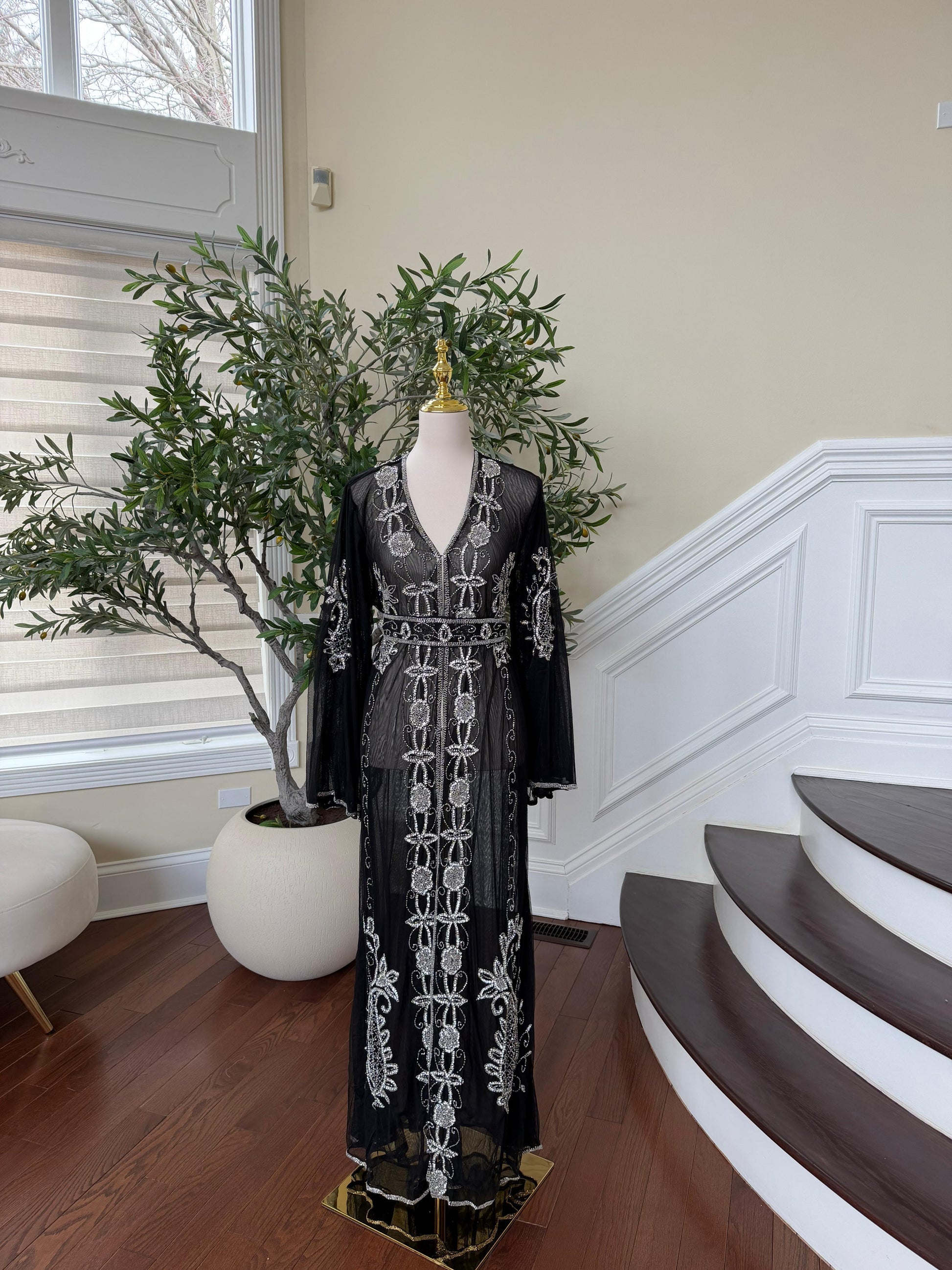 Black Silver Stone Cardigan Abaya