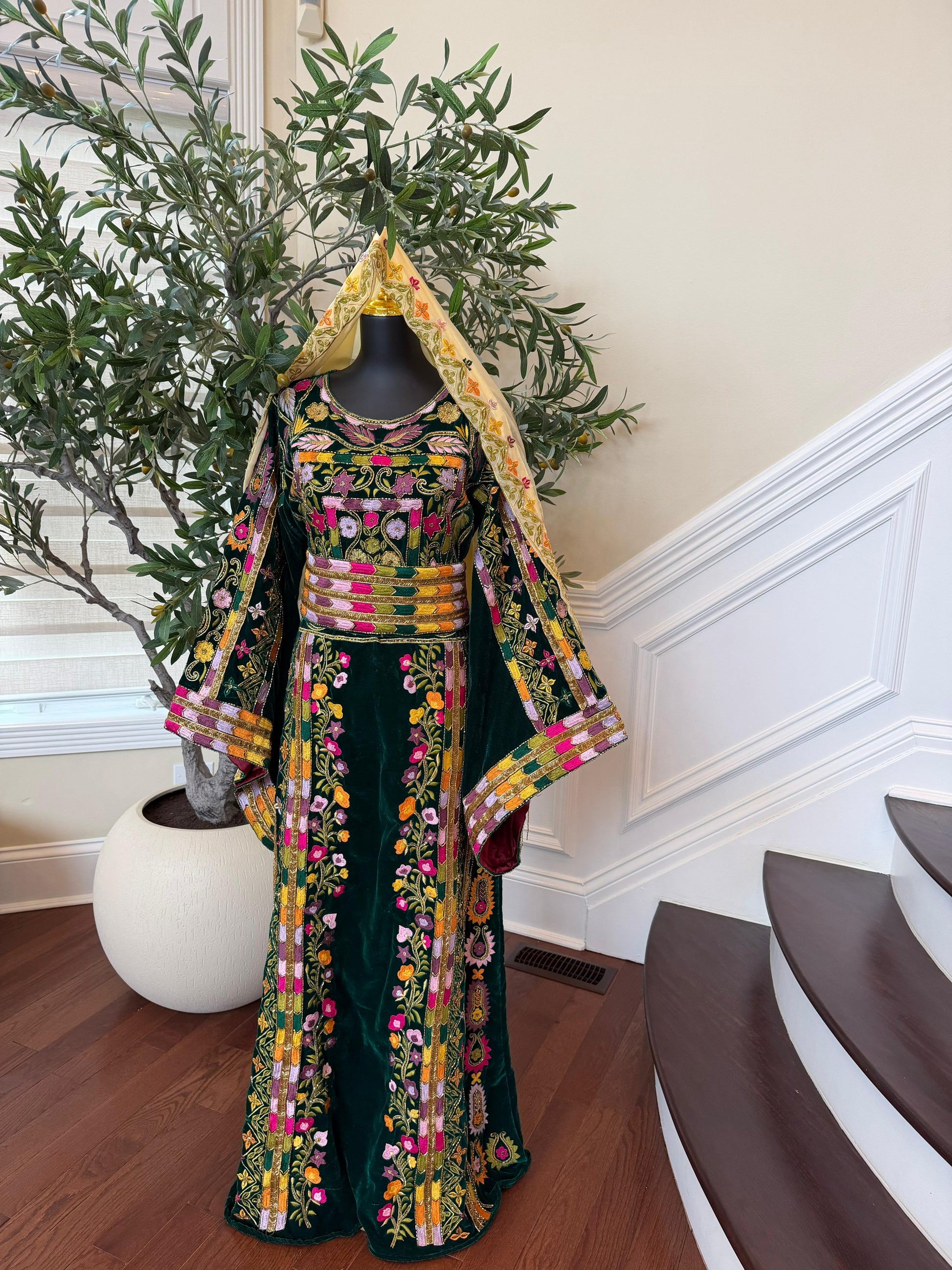 Green Velvet Beaded Stone Thobe