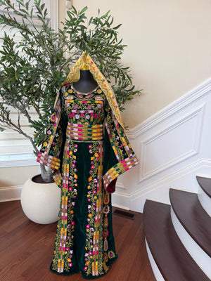 Green Velvet Beaded Stone Thobe