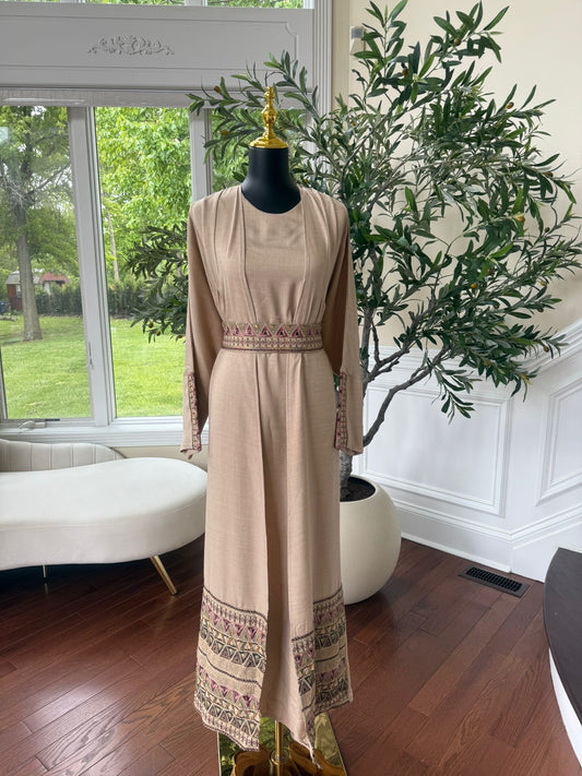 Elegant Tan Tatreez Cardigan Abaya