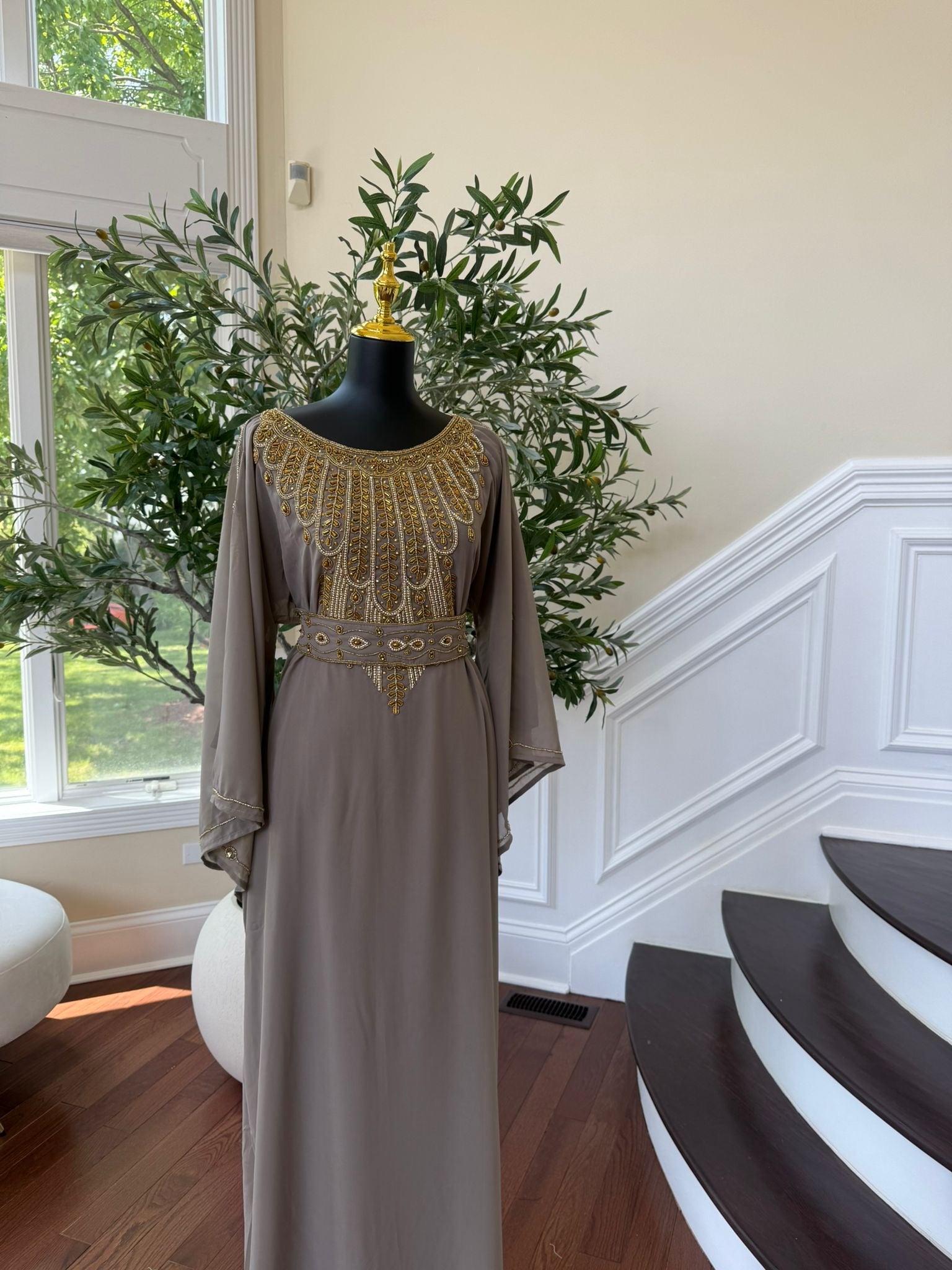 Taupe Elegant Beaded Kuftan Maxi Dress