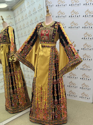 Premium Palestinian Malakah Thobe – Gold Satin & Black Velvet Embroidery