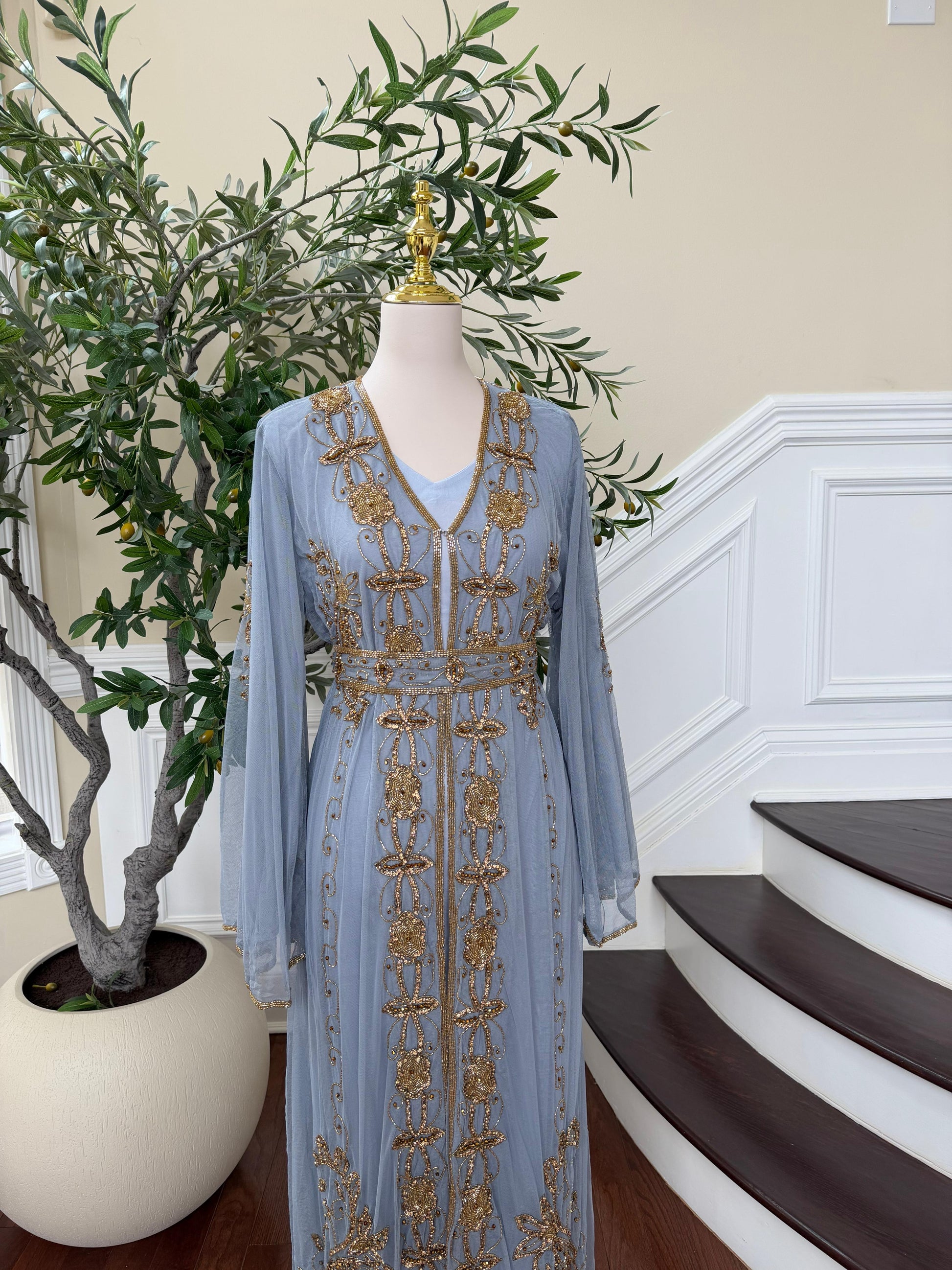 Baby Blue Golden Stone Cardigan Abaya