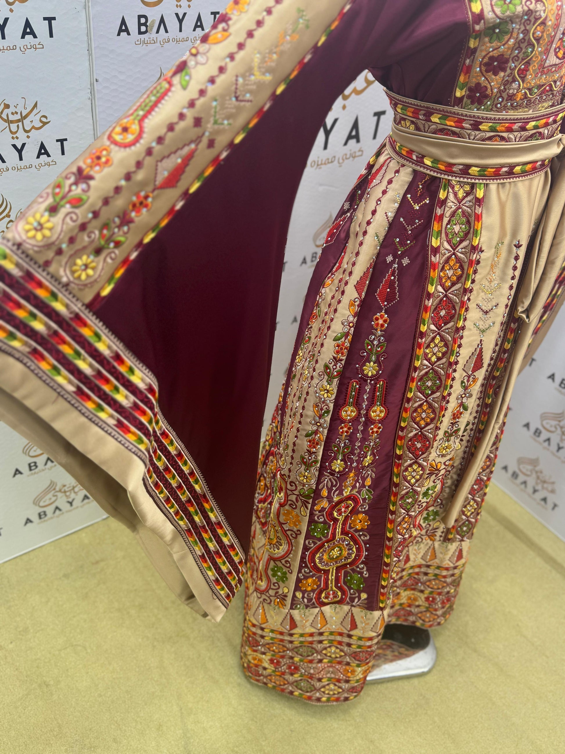 Traditional Palestinian Embroidered Thobe – Burgundy & Beige Heritage Dress