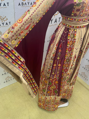 Traditional Palestinian Embroidered Thobe – Burgundy & Beige Heritage Dress