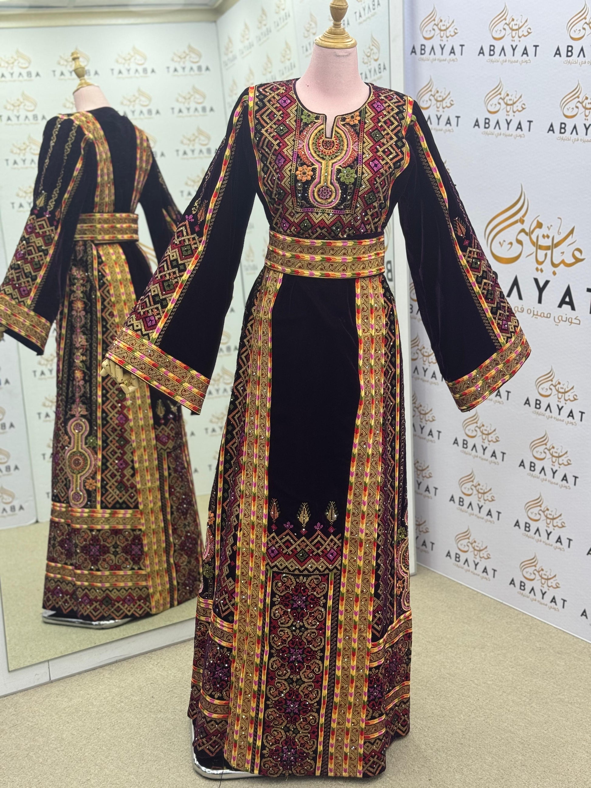 Burgundy Velvet Palestinian Embroidered Thobe – Elegant Tatreez Heritage Dress A09042025