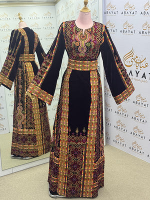 Burgundy Velvet Palestinian Embroidered Thobe – Elegant Tatreez Heritage Dress A09042025