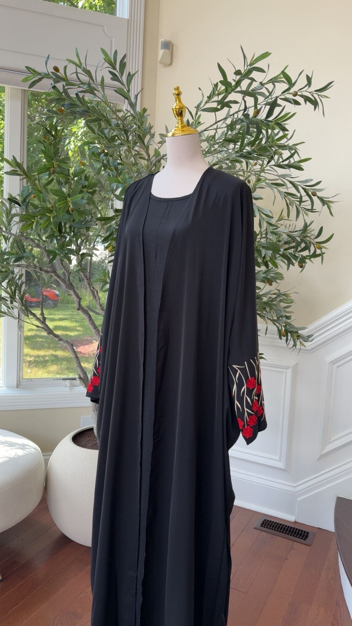 Black Two-Piece Abaya with Red Rose Floral Sleeve Embroidery