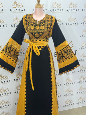 Black & Mustard Palestinian Thobe – Mixed Velvet and Fabric Design